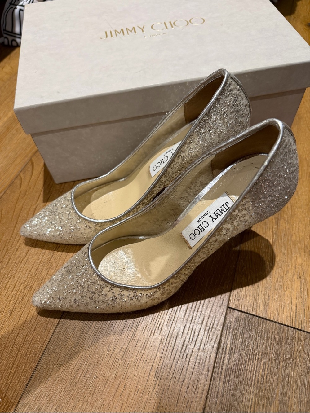 Jimmy Choo Silver Glitter Pointed Pumps with Metallic Trim